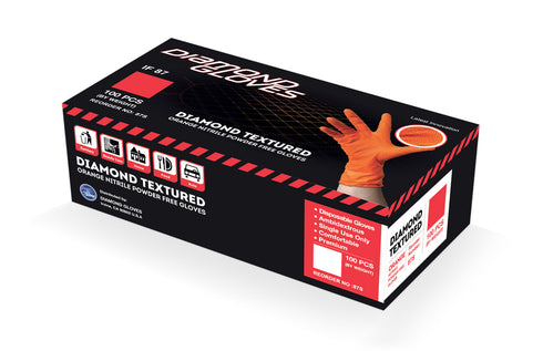Industrial Work Gloves, Powder Free, Diamond Textured Orange Nitrile Gloves XS to XXL 7.5-8.5mil 10x100pcs/Bx