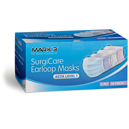 SurgiCare Lavender Earloop Face Masks Level 1 3ply 50/bx. - MARK3®*