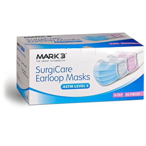 SurgiCare Blue Earloop Face Masks w/ Dual Band Strips Level 3 4ply 50/bx. - MARK3®*