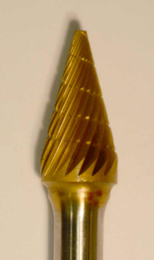 3/8" Cone (B3/8) TNT-Coated Dual Cut Regular Carbide Bur w/ 1/4" Shank B3/8-GOLD