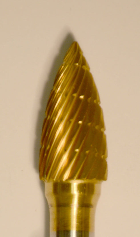 3/8" Flame (C3/8) TNT-Coated Dual Cut Regular Carbide Bur w/ 1/4" Shank C3/8-GOLD