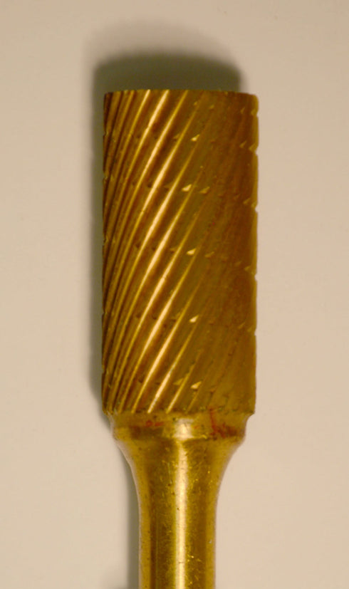 Cylinder 1/2" TNT-Coated Dual Cut Regular Carbide Bur w/ 1/4" Shank E1/2-GOLD