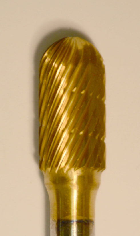 3/8" Barrel (F3/8) TNT-Coated Dual Cut Regular Carbide Bur w/ 1/4" Shank F3/8-GOLD