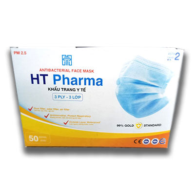 HT PHARMA Earloop Mask 3ply 50pcs/ Box Level 2- Blue 99% Efficiency